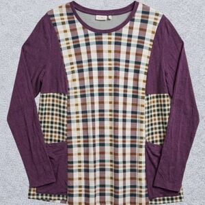 LOGO by Lori Goldstein Mixed Plaid Long Sleeve Knit Top 2X
